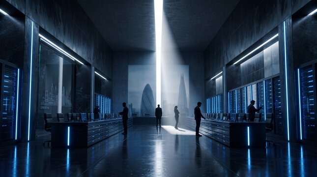 Data Center Control Room with Cityscape View