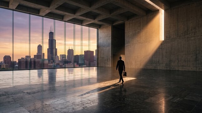 Businessman Walking Through Empty Modern Office at Sunset