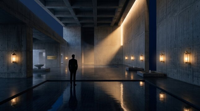 Solitary Businessman Standing in Empty Modern Corridor