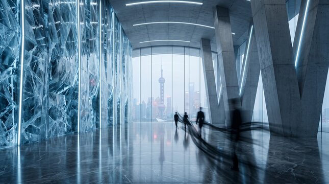 Business Professionals Walking Through Modern Corporate Corridor