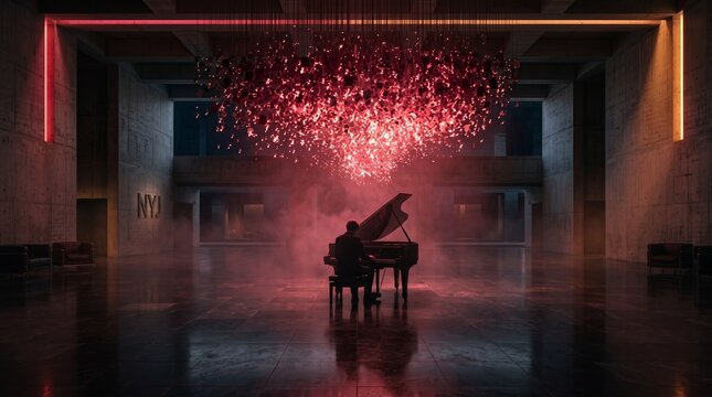 Pianist Performing in Dramatic Red Light Installation