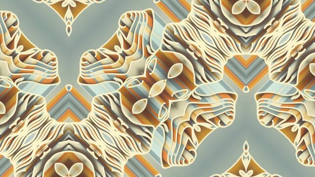 Seamless 3D loop with an elegant kaleidoscopic ornament. Striped layers in beige, ochre, and sage green smoothly move to create a sophisticated kinetic mosaic background