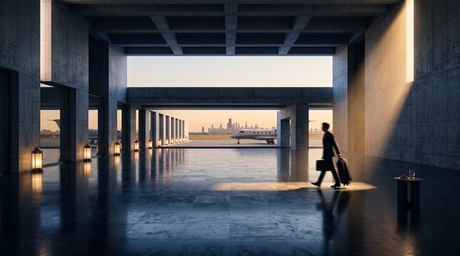 Businessman With Luggage in Modern Airport Terminal at Sunset