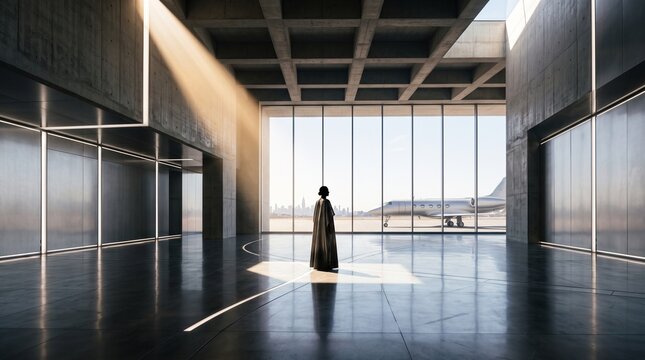 Solitary Traveler Gazing at Aircraft Through Airport Terminal