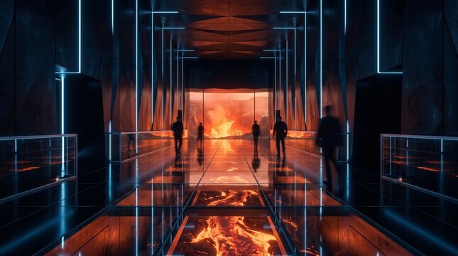 Silhouettes Walking Toward Apocalyptic Fire in Futuristic Corridor