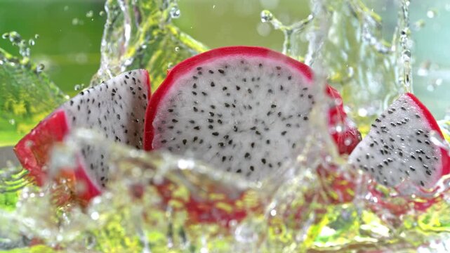 Super Slow Motion Shot of Fresh Pitaya Falling into Water and Making Splash at 1000fps.