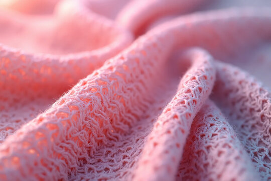 Crinkled pink knitted fabric made of pure wool. Close-up with limited depth of field.