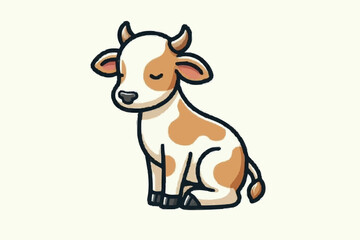 Fototapeta premium Cute cartoon calf sitting peacefully. Adorable young cow vector illustration for farm and animal themes.