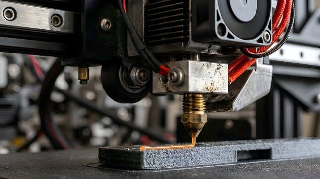 Close-up 3D printer nozzle extruding molten filament onto build platform.
