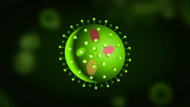 Microscopic virus cell, a vibrant green pathogen with pink and yellow internal structures, representing disease, infection, and immunology research