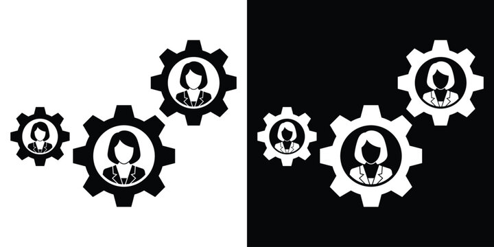 Female corporate employee icons inside integrated rotating gear cogs. Perfect for representing female workforce and staff synergy.