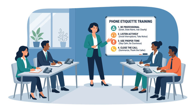 Employees attending professional phone etiquette training.