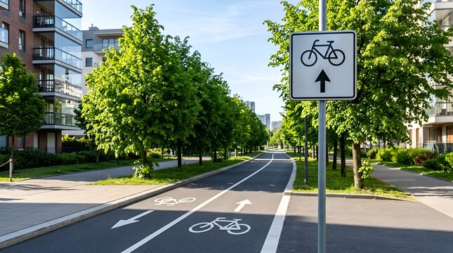 Urban bicycle path with greenery and modern buildings, cycle lane sign