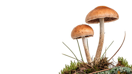 Two wild forest mushrooms growing in green moss organic nature element isolated on transparent background © novomir-png