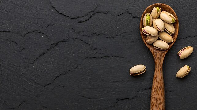 Pistachios in a wooden spoon on a dark stone surface