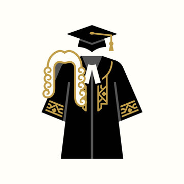 Flat vector icon of a judge gown, barrister wig and graduation cap