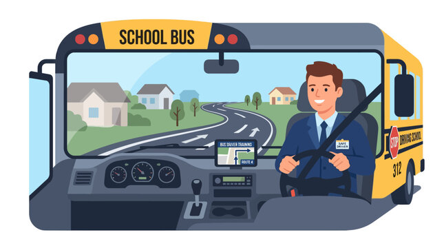 School bus driver operating vehicle on rural road.