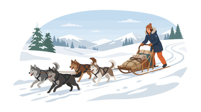 Winter dog sledding with huskies in snowy mountain landscape.