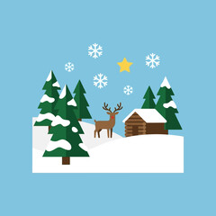 Flat vector illustration of a winter landscape with a reindeer and cabin © lina