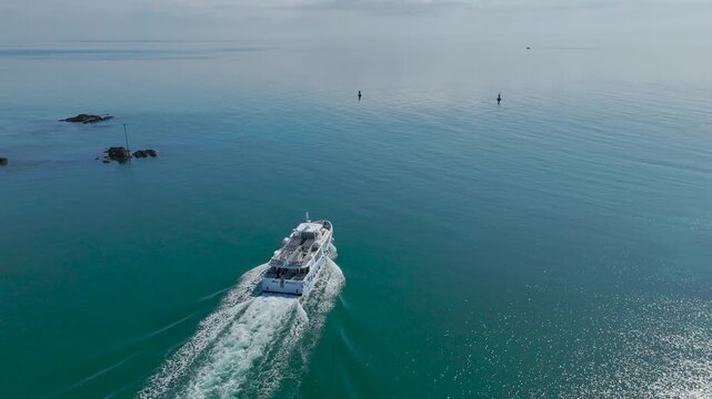 CHAUSEY, FRANCE - 2025 : Ferry leaving the island of Chausey
