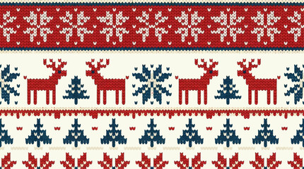 Festive knitted pattern featuring red reindeer and snowflakes on a cream background © lintah