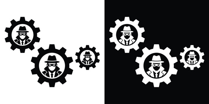 Incognito hacker or criminal avatars inside mechanical gear wheels vector icon. Symbol for cyber crime networks, dark web, and security breach.