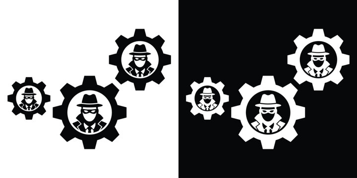 Incognito hacker or criminal avatars inside mechanical gear wheels vector icon. Symbol for cyber crime networks, dark web, and security breach.