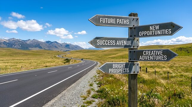 Directional Signpost with Future Paths, New Opportunities, Success Avenue, and More