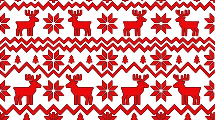Seamless Nordic Christmas pattern featuring red reindeer and snowflakes on white © livi
