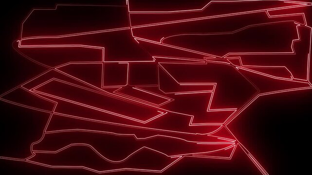 Abstract lines glowing in vivid red color create a complex geometric pattern against a dark background, forming a chaotic network of interconnected segments that represent modern digital connectivity.