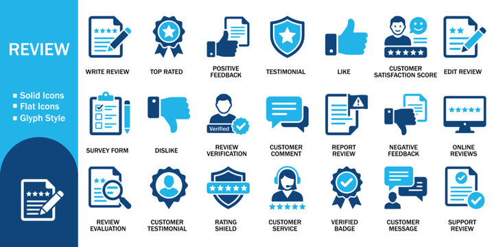 Customer review and feedback solid icons set with testimonial rating satisfaction elements. Vector illustration of abstract online evaluation, marketing business, user experience symbol template.