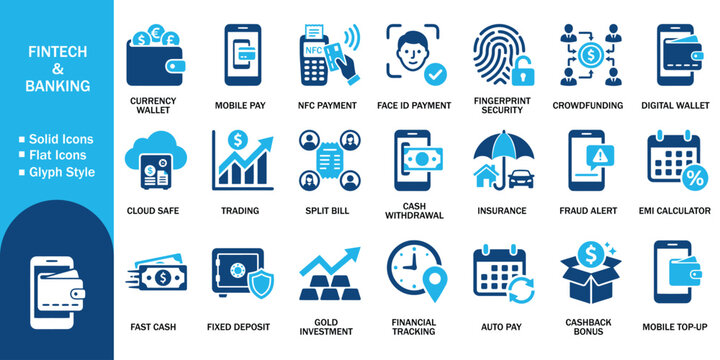 Fintech and banking solid icons set with digital wallet transaction and financial payment elements. Vector illustration of abstract online cash, tracking, secure transfer, currency trading symbol.
