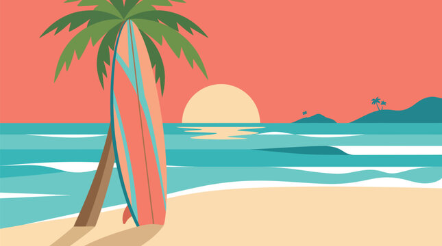 Stylized tropical sunset scene with a leaning surfboard against a palm tree on sandy beach vibrant orange sky reflecting on calm ocean waves distant islands with palm trees with sunset over water