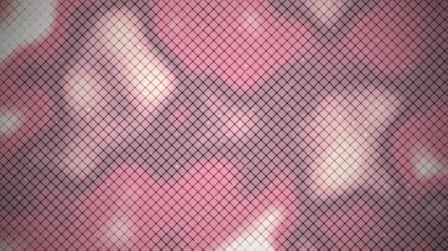 Abstract red grid pattern over glowing white clouds with scattered sparkling dots