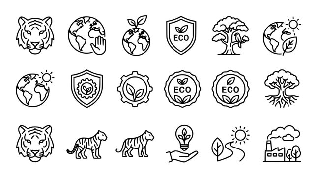 Eco Friendly Icons: Earth, Tiger, Tree, Shield, Lightbulb, Factory, Nature Symbols