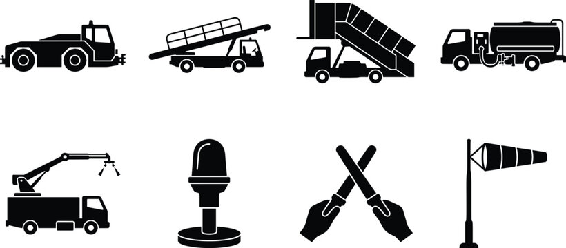 Airport Ground Support Equipment and Runway Operations Icon Set Featuring Pushback Tug Deicing Truck and Marshalling Silhouettes