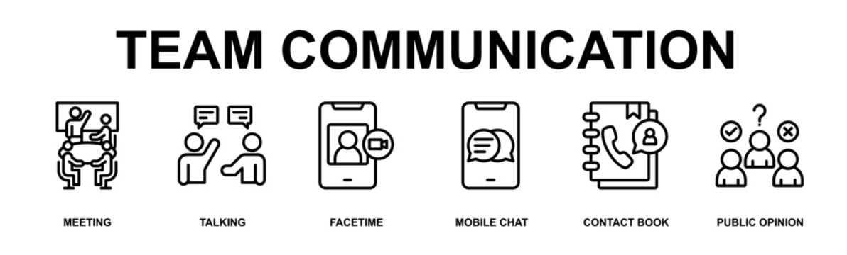 Team Communication Banner Web Outline Icon Vector Illustration Concept for Technology with Icons of meeting, talking, facetime, mobile chat, contact book, public opinion