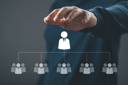 Business hand managing organizational structure with employee hierarchy icons representing leadership, team management, human resources, corporate strategy, workforce planning, business organization.