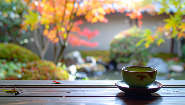 紅葉の日本庭園を眺める緑茶の湯呑み　秋の和風情あふれる縁側と美しい自然背景　落ち着いたティータイムや観光プロモーションに活用できるコピースペースのある写真素材