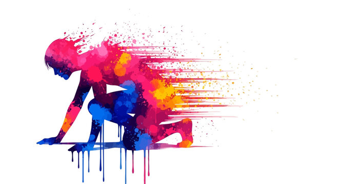 Abstract Colorful Sprinter Starting Position Watercolor Splash Illustration