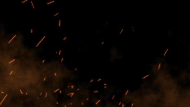 Glowing orange fire sparks flying upward against a dark black background. Floating hot embers rising slowly into thick smoky night air. Burning ash particles overlay intense inferno heat effects here
