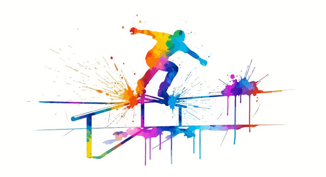 Colorful Watercolor Illustration of a Skater Performing a Trick on a Rail