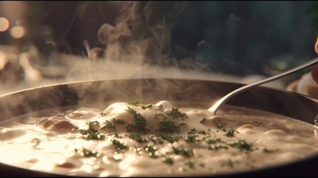 Creamy mushroom soup simmering in a pan with rising steam