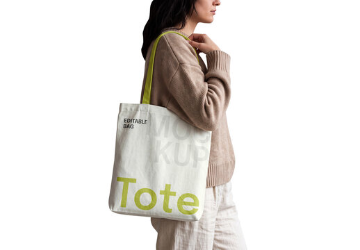 Woman's Holding Tote Bag PSD Mockup