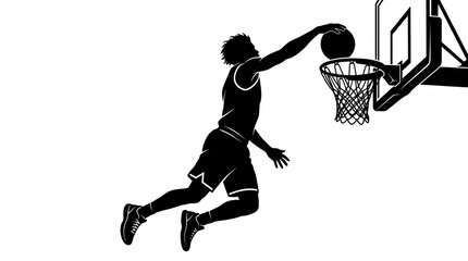 Black and white silhouette of a basketball player jumping to perform a slam dunk © Dian