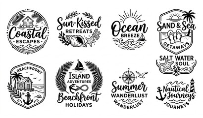 Obraz premium Coastal summer holiday logo badge set with hand drawn lettering vector isolated on white