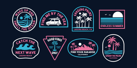 Retro tropical surf badge collection with beach scenes, palm trees, waves and coastal slogans. Perfect for apparel, stickers, branding, patches and summer lifestyle designs. © cddesign.co