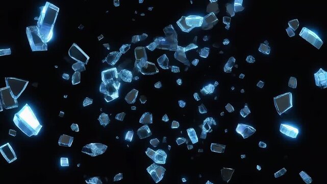 Glowing blue shards scatter on black background