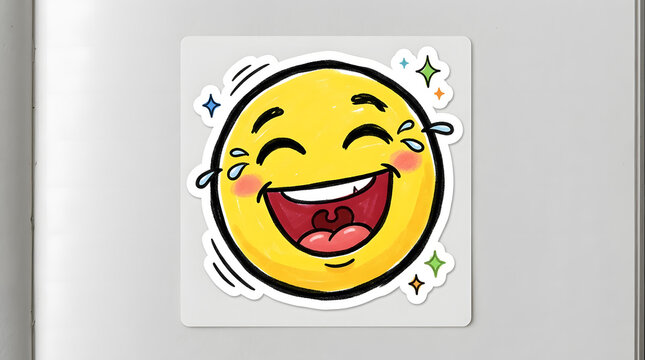 Bright laughing emoji face with exaggerated expression in cartoon style, perfect 