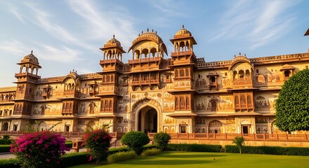Obraz premium Ornate Historic Palace Standing Behind Manicured Garden in Warm Evening Light